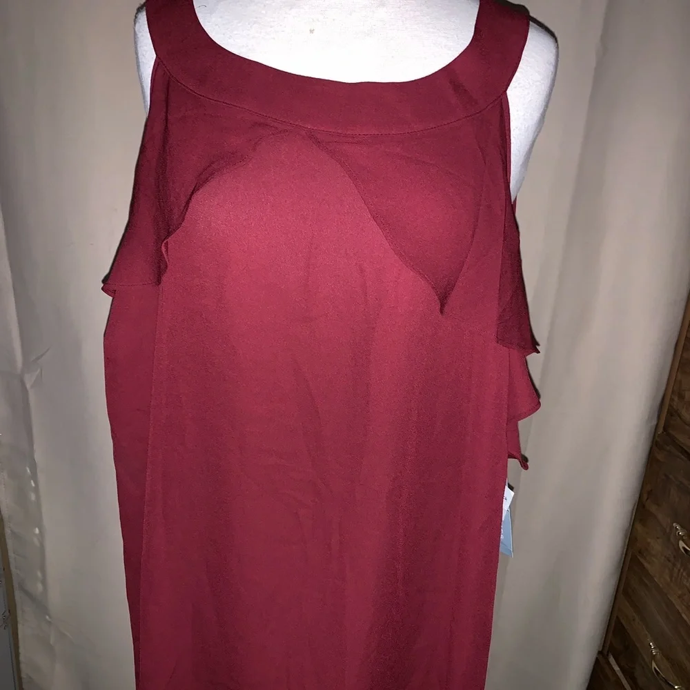 London Times Woman 3X Burgundy Sleeveless Ruffle Blouse Tunic NWT